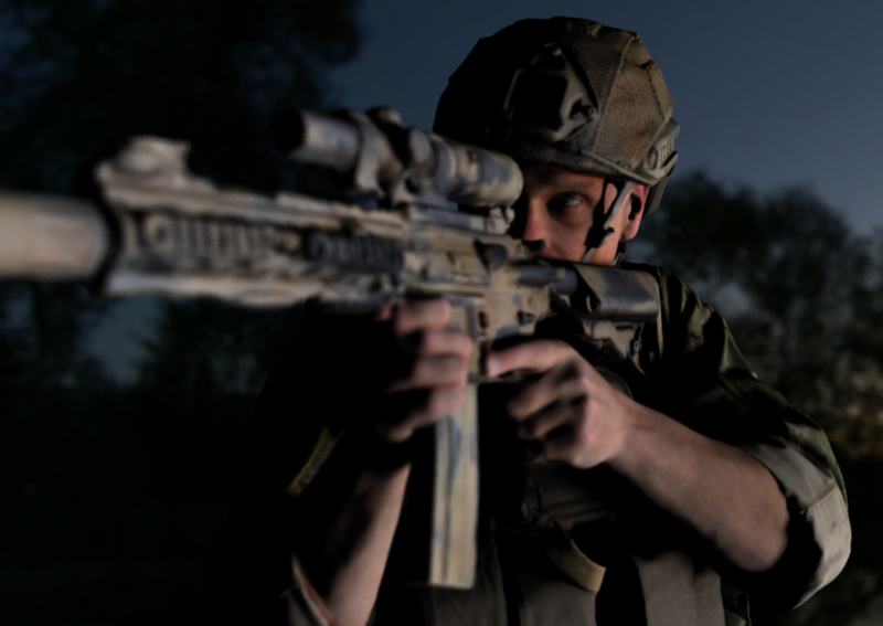 Depth of field is simulated using a thin lens model.