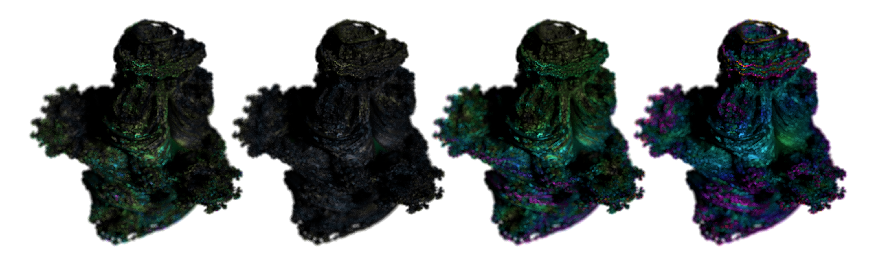 Orbit trap coloring example. From left to right: Plan, Sphere, Axis, Cube